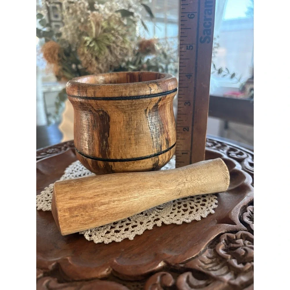 Vintage Handmade Wooden Mortar and Pestle Set - Solid Wood Herb & Spice Grinder